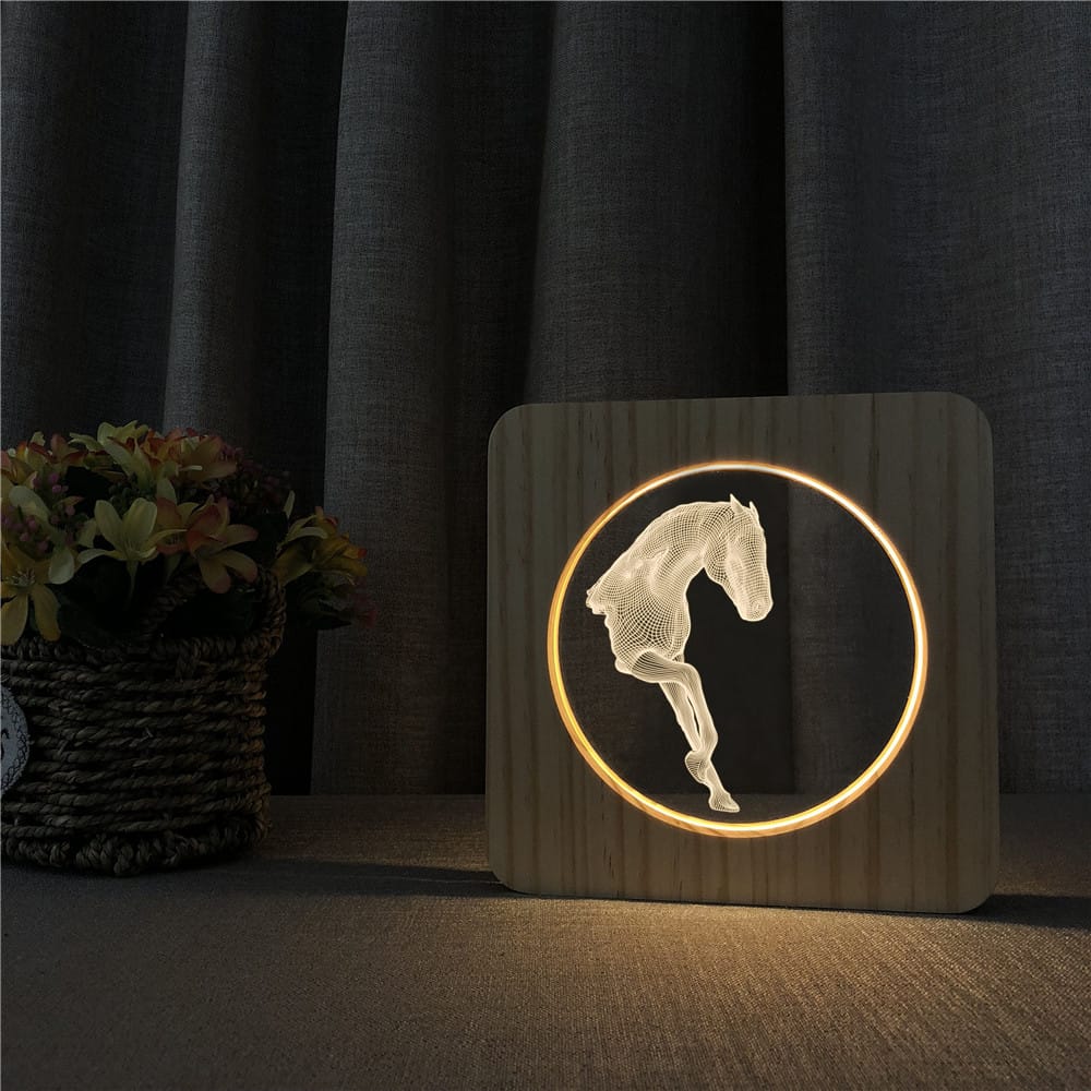 Houten Paard Nachtlampje Design 19x19x3 cm Met LED Nachtlampen