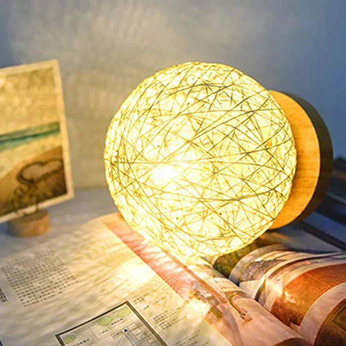 LumiBulle Bollamp Natuurlijke Linnen Bol Met Houten Voet 3500K LED Nachtlampen