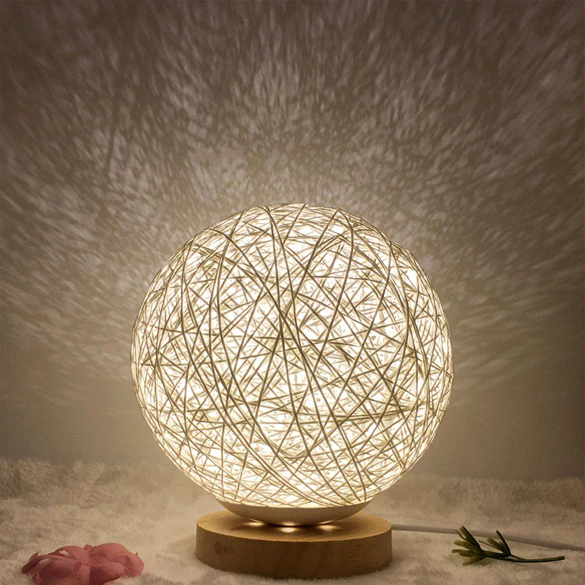 LumiBulle Bollamp Natuurlijke Linnen Bol Met Houten Voet 3500K LED Nachtlampen