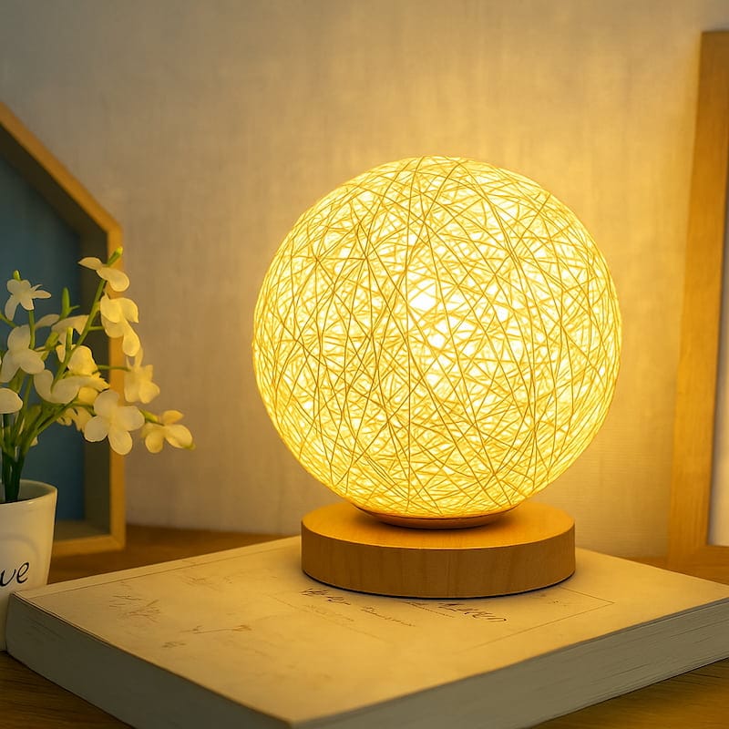 LumiBulle Bollamp Natuurlijke Linnen Bol Met Houten Voet 3500K LED Nachtlampen