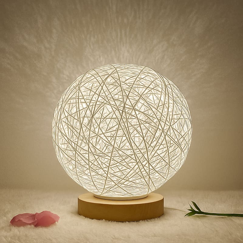 LumiBulle Bollamp Natuurlijke Linnen Bol Met Houten Voet 3500K LED Nachtlampen