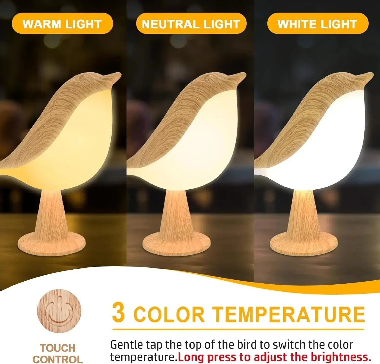 ZenBird Vogel Nachtlampje USB Oplaadbaar Warm Wit Nachtlampen